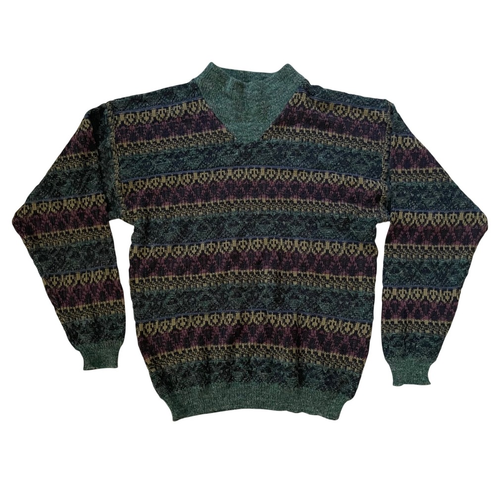 Vintage Zeppelin Sweater Mens XLT Green Purple Geometric Knit Mock Neck 10822